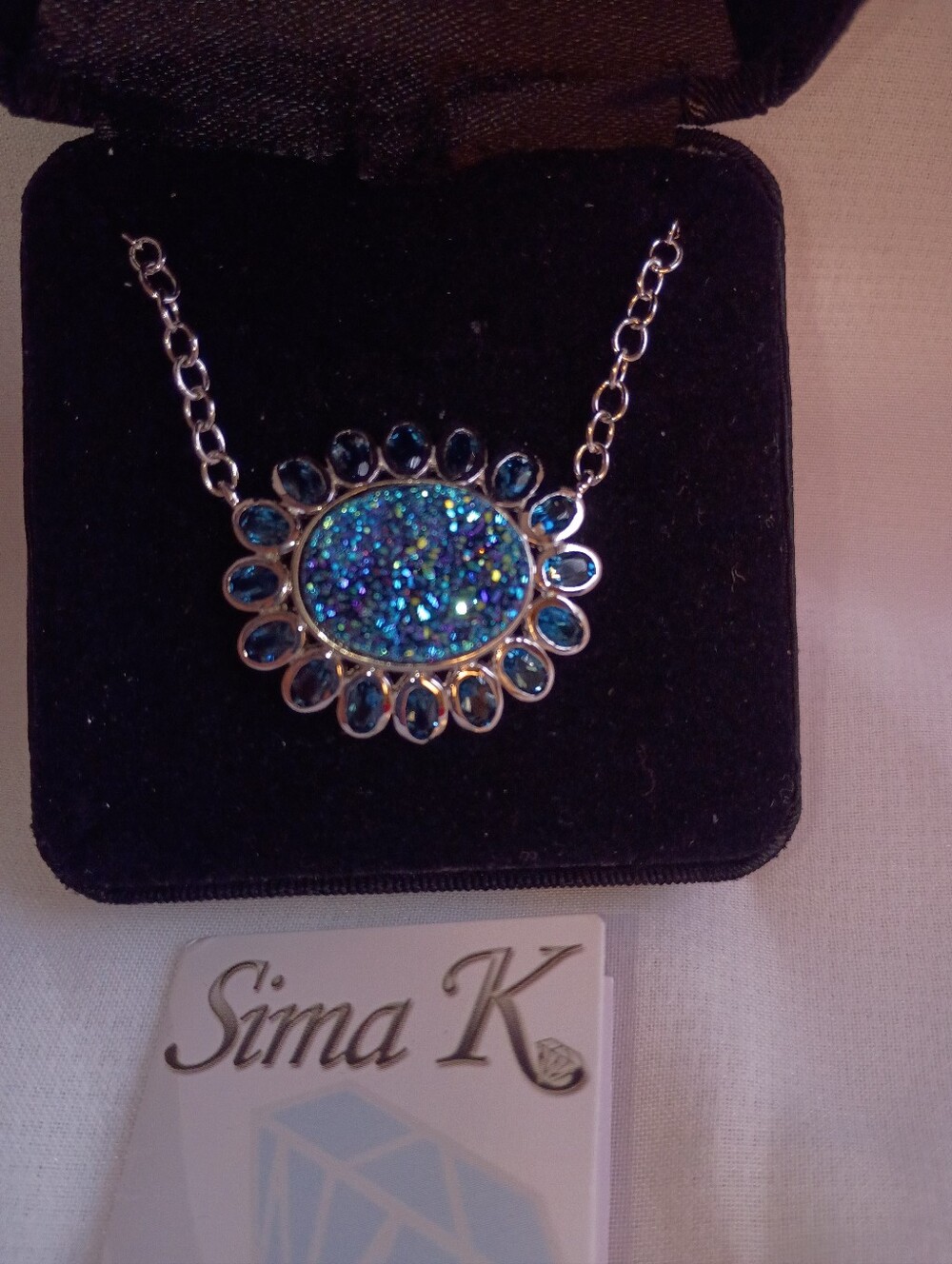 NIB Sima K Sparkling Blue Druzy Topaz Pendant Necklace Sterling Silver Y2K